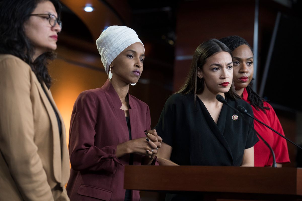 UNITED STATES - JULY 15: From left, Reps. Rashida Tlaib, D-Mich., Ilhan Omar, D-Minn., Alexandria Ocasio-Cortez, D-N.Y., and Ayanna Pressley, D-Mass., conduct a news conference in the Capitol Visitor Center responding to negative comments by President Trump that were directed at the freshman House Democrats on Monday, July 15, 2019. (Photo By Tom Williams/CQ Roll Call) (Tom Williams/CQ Roll Call)