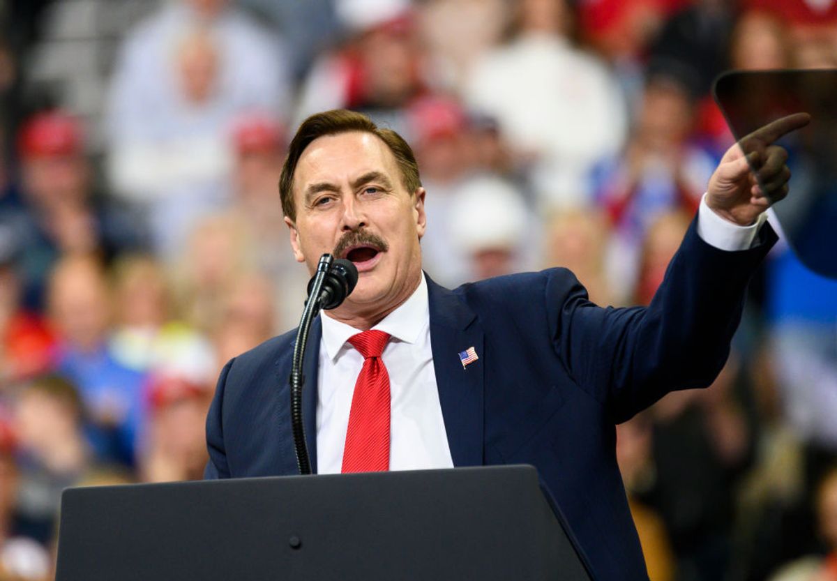MINNEAPOLIS, MN - OCTOBER 10: Mike Lindell, CEO of My Pillow, speaks during a campaign rally held by U.S. President Donald Trump at the Target Center on October 10, 2019 in Minneapolis, Minnesota. Lindell is an outspoken supporter of the Trump presidency and his campaign for reelection. (Photo by Stephen Maturen/Getty Images) (Stephen Maturen/Getty Images)