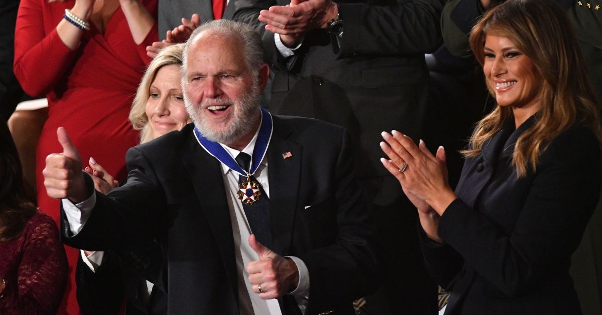 Radio personality Rush Limbaugh pumps thumb after being awarded the Medal of Freedom by First Lady Melania Trump after being acknowledged by US President Donald Trump as he delivers the State of the Union address at the US Capitol in Washington, DC, on February 4, 2020. (Photo by MANDEL NGAN / AFP) (Photo by MANDEL NGAN/AFP via Getty Images) (MANDEL NGAN/AFP via Getty Images)