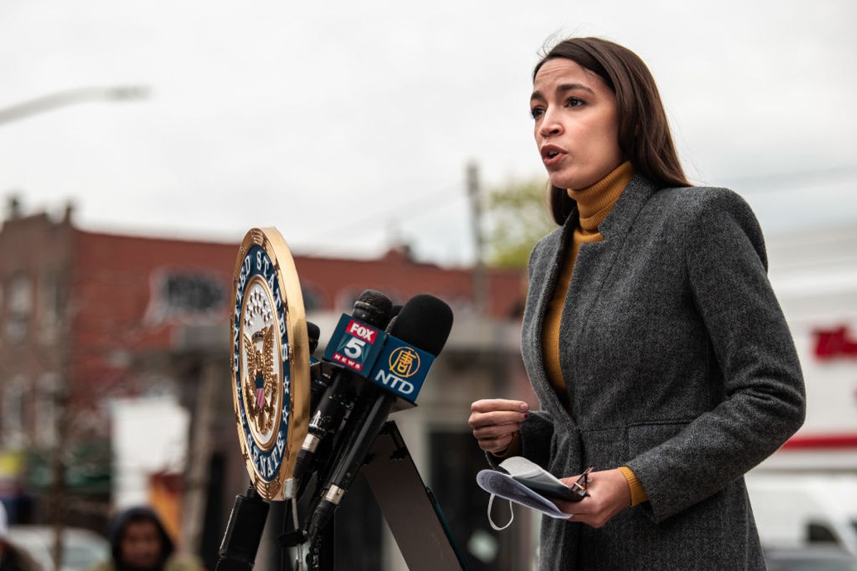 NEW YORK, NY - APRIL 14: Representative Alexandria Ocasio Cortez (D-NY) speaks at a press conference at Corona Plaza in Queens on April 14, 2020 in New York City. Ocasio-Cortez was joined by Senate Minority Leader Chuck Schumer (D-NY) at the conference, where both called for the Federal Emergency Management Administration to fund funeral costs in low-income communities of color during the ongoing amid the coronavirus pandemic. (Photo by Scott Heins/Getty Images) (Scott Heins/Getty Images)