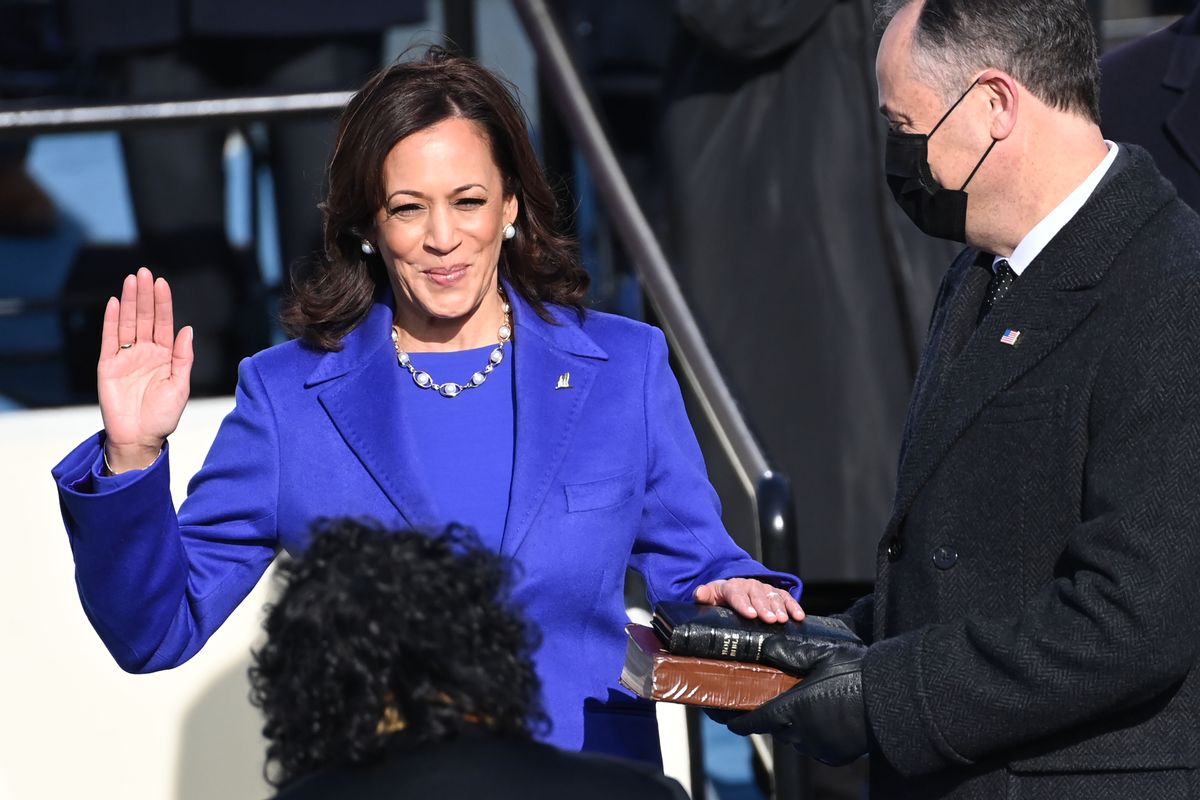 WASHINGTON, DC - JANUARY 20: Kamala Harris is sworn in as vice president by Supreme Court Justice Sonia Sotomayor as her husband Doug Emhoff holds the Bible during the 59th Presidential Inauguration at the U.S. Capitol on January 20, 2021 in Washington, DC. During today's inauguration ceremony Joe Biden becomes the 46th president of the United States. (Photo by Saul Loeb - Pool/Getty Images) (Saul Loeb - Pool/Getty Images)