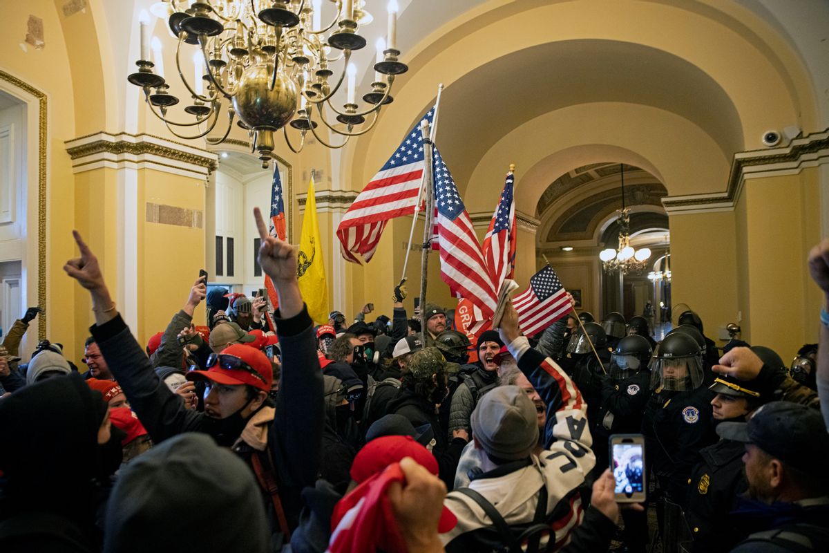 WASHINGTON, DC - JANUARY 6: Supporters of US President Donald Trump protest inside the US Capitol on January 6, 2021, in Washington, DC. - Demonstrators breeched security and entered the Capitol as Congress debated the 2020 presidential election Electoral Vote Certification. (Photo by Brent Stirton/Getty Images) (Brent Stirton / Staff )