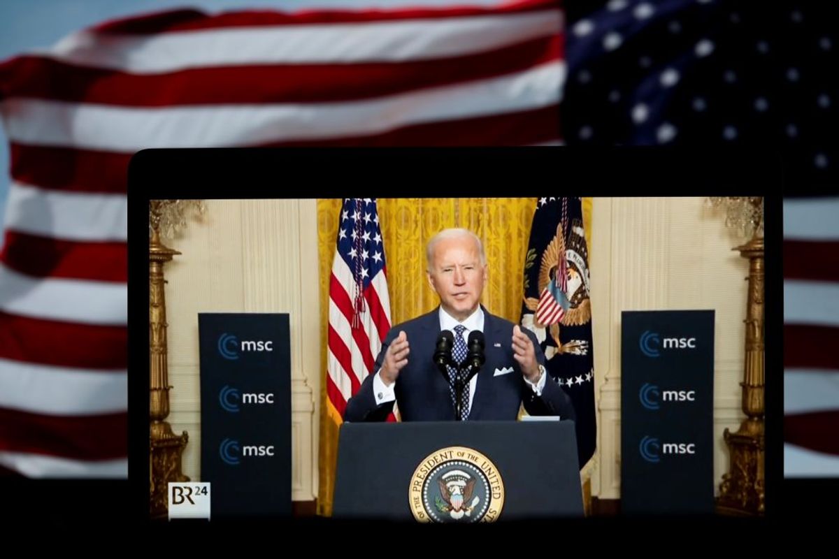 WASHINGTON, Feb. 19, 2021 -- Photo taken in Arlington, Virginia, the United States, on Feb. 19, 2021 shows a screen displaying U.S. President Joe Biden speaking in Washington, D.C. during a virtual event with the Munich Security Conference in a video provided by the U.S. State Department. Biden said on Friday that the United States is returning to the transatlantic partnership and will address global challenges like climate change and the COVID-19 pandemic. (Photo by Liu Jie/Xinhua via Getty) (Xinhua/Liu Jie via Getty Images) (Getty Images)