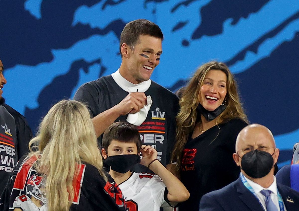 TAMPA, FLORIDA - FEBRUARY 07: Tom Brady #12 of the Tampa Bay Buccaneers celebrates with Gisele Bundchen after winning Super Bowl LV at Raymond James Stadium on February 07, 2021 in Tampa, Florida. (Photo by Kevin C. Cox/Getty Images) (Kevin C. Cox/Getty Images)