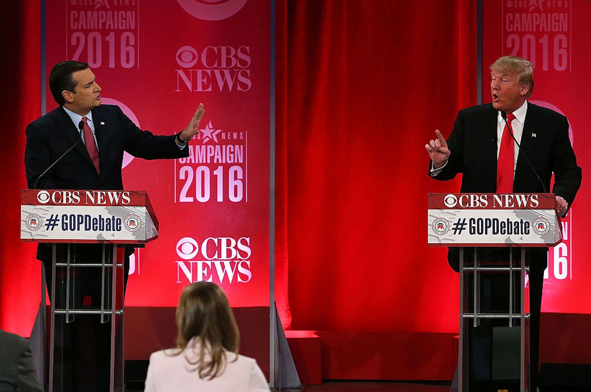 GREENVILLE, SC - FEBRUARY 13:  Republican presidential candidates (L-R) Sen. Ted Cruz (R-TX) and Donald Trump participate in a CBS News GOP Debate February 13, 2016 at the Peace Center in Greenville, South Carolina. Residents of South Carolina will vote for the Republican candidate at the primary on February 20.  (Photo by Spencer Platt/Getty Images) (Spencer Platt/Getty Images)
