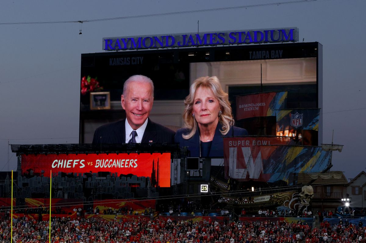 TAMPA, FLORIDA - FEBRUARY 07: U.S. president Joe Biden and First Lady Dr. Jill Biden deliver an address in Super Bowl LV at Raymond James Stadium on February 07, 2021 in Tampa, Florida. (Photo by Kevin C. Cox/Getty Images) (Kevin C. Cox/Getty Images)