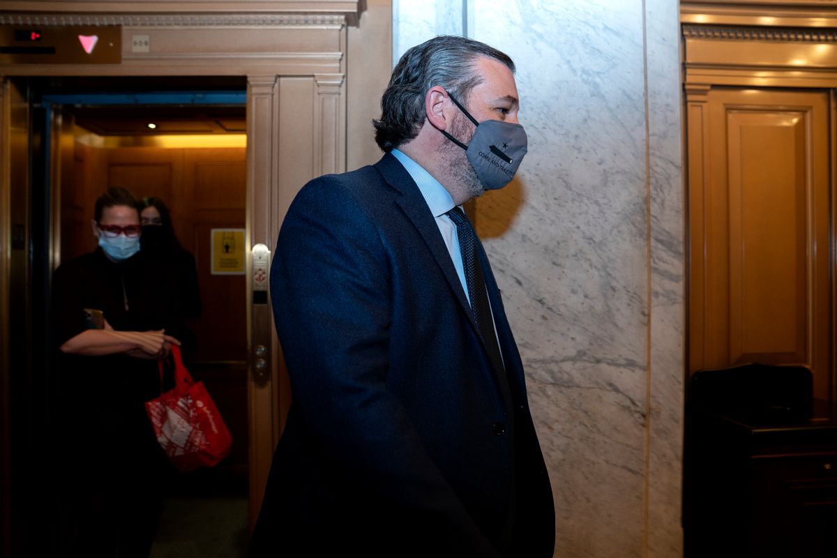 WASHINGTON, DC - FEBRUARY 13: Sen. Ted Cruz (R-TX), wears a protective mask while departing the U.S. Capitol on February 13, 2021 in Washington, DC. The Senate voted 57-43 to acquit Trump of the charges of inciting the January 6 attack on the U.S. Capitol. (Photo by Stefani Reynolds - Pool/Getty Images) (Getty Images)