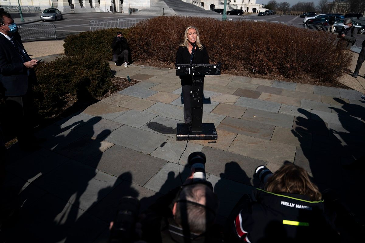 WASHINGTON, DC - FEBRUARY 5: Rep. Marjorie Taylor Greene (R-GA) speaks during a press conference outside the U.S. Capitol on February 5, 2021 in Washington, DC. The House voted 230 to 199 on Friday evening to remove Rep. Marjorie Taylor Greene (R-GA) from committee assignments over her remarks about QAnon and other conspiracy theories. (Photo by Drew Angerer/Getty Images) (Drew Angerer/Getty Images)