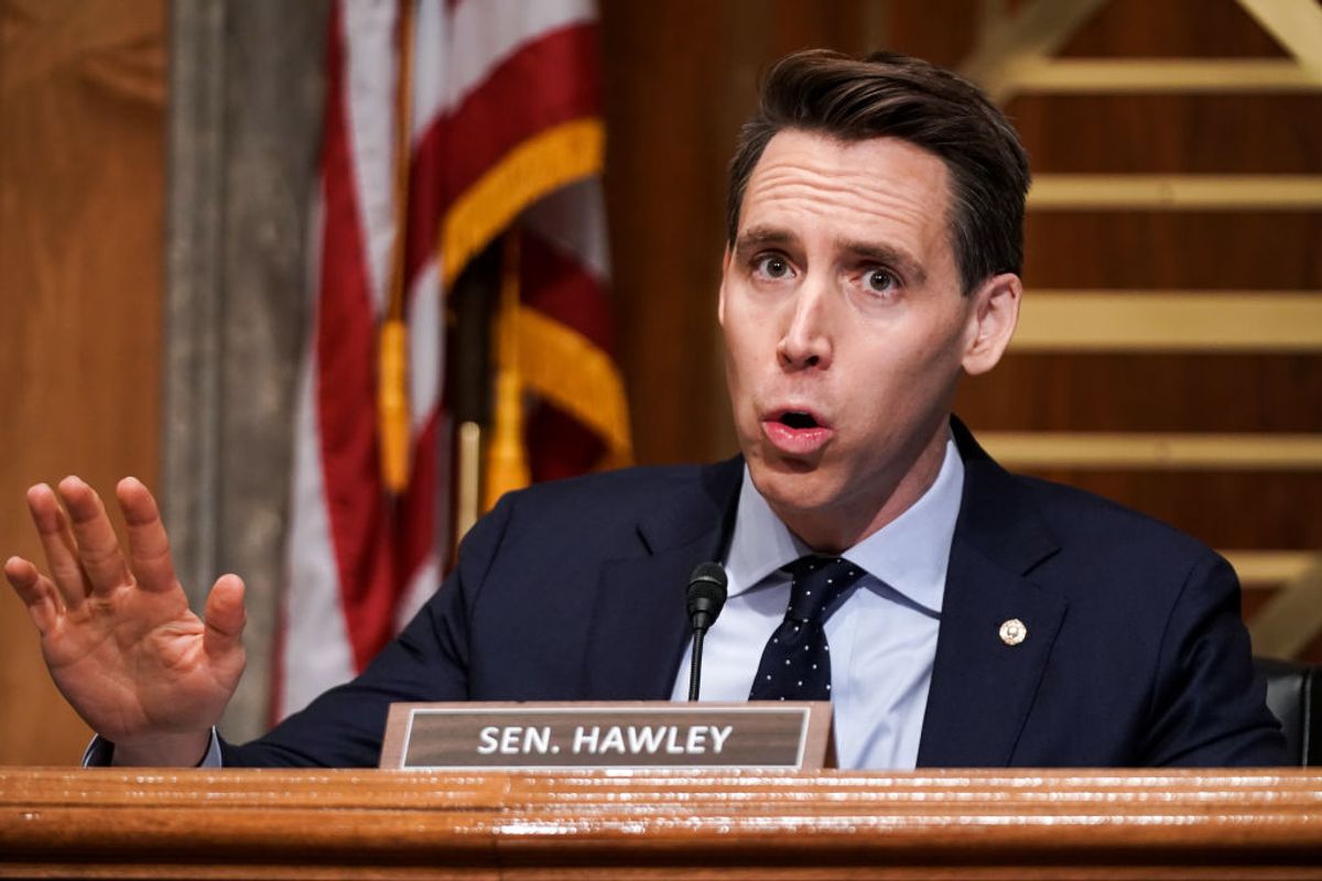 WASHINGTON, DC - DECEMBER 16: Sen. Josh Hawley (R-MO) asks questions during a Senate Homeland Security and Governmental Affairs Committee hearing to discuss election security and the 2020 election process on December 16, 2020 in Washington, DC. U.S. President Donald Trump continues to push baseless claims of voter fraud during the presidential election, which Chris Krebs called the most secure in American history.  (Photo by Greg Nash-Pool/Getty Images) (Greg Nash-Pool/Getty Images)