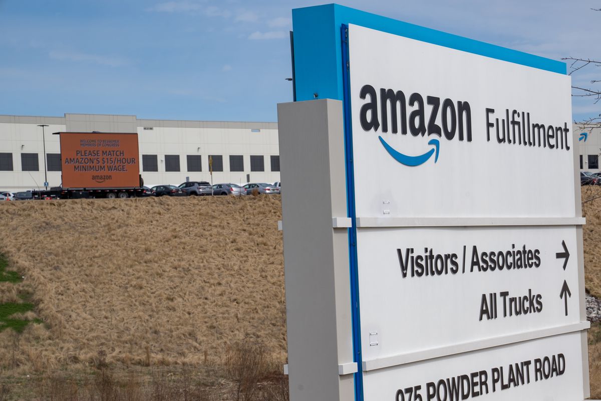 BIRMINGHAM, AL - MARCH 05: The outside of the Amazon Fulfillment Center as Congressional delegates visit after meeting with workers and organizers involved in the Amazon BHM1 facility unionization effort, represented by the Retail, Wholesale, and Department Store Union on March 5, 2021 in Birmingham, Alabama. Workers at Amazon facility currently make $15 an hour, however they feel that their requests for less strict work mandates are not being heard by management. (Photo by Megan Varner/Getty Images) (Megan Varner / Getty Images)