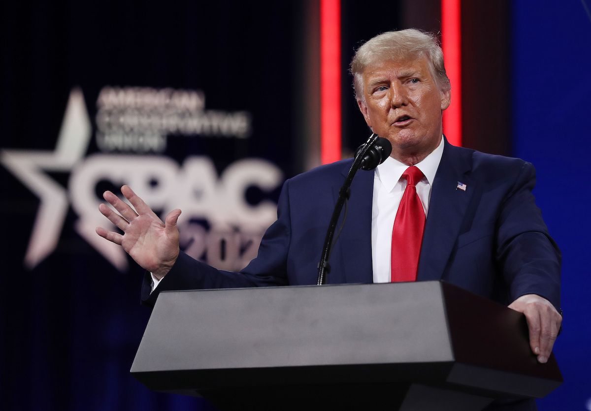 ORLANDO, FLORIDA - FEBRUARY 28:  Former U.S. President Donald Trump addresses the Conservative Political Action Conference (CPAC) held in the Hyatt Regency on February 28, 2021 in Orlando, Florida. Begun in 1974, CPAC brings together conservative organizations, activists, and world leaders to discuss issues important to them. (Photo by Joe Raedle/Getty Images) (Joe Raedle/Staff)