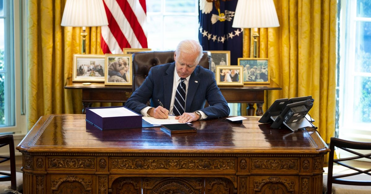 WASHINGTON, DC - MARCH 11: U.S. President Joe Biden participates in a bill signing in the Oval Office of the White House on March 11, 2021 in Washington, DC. President Biden has signed the $1.9 trillion COVID relief bill into law at the event. (Photo by Doug Mills-Pool/Getty Images) ( Doug Mills-Pool/Getty Images)