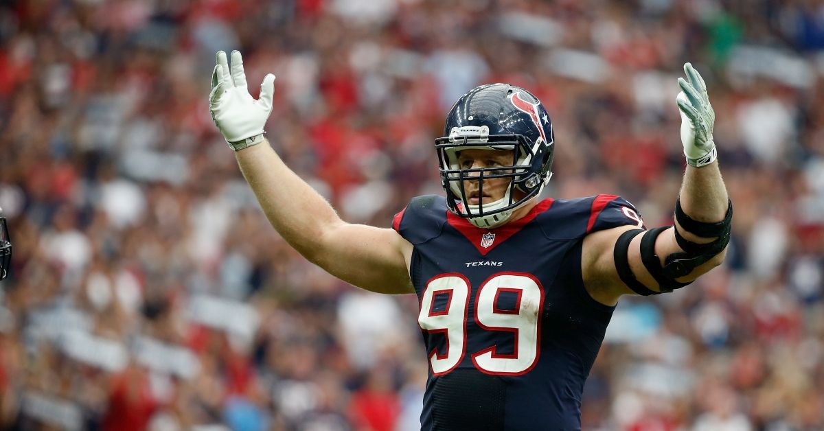 HOUSTON, TX - SEPTEMBER 28:   J.J. Watt #99 of the Houston Texans pumps up the crowd in the fourth quarter of their game against the Buffalo Bills at NRG Stadium on September 28, 2014 in Houston, Texas.  (Photo by Scott Halleran/Getty Images) (Scott Halleran/Getty Images)