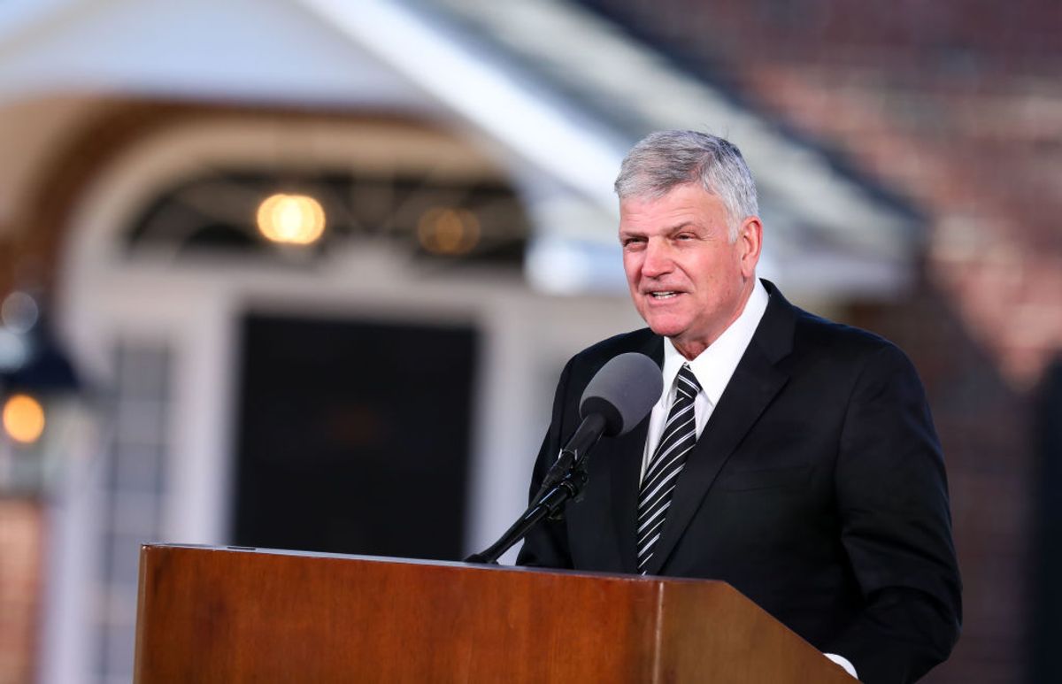 Franklin Graham delivers the eulogy during the funeral of his father Reverend Dr. Billy Graham in Charlotte, North Carolina.
Graham, who preached to millions of faithful face to face over his decades-long career and tens of millions more through the power of television, died last week at age 99, leaving a Christian evangelist movement without its best known champion of modern times. / AFP PHOTO / Logan Cyrus        (Photo credit should read LOGAN CYRUS/AFP via Getty Images) (Getty Images)