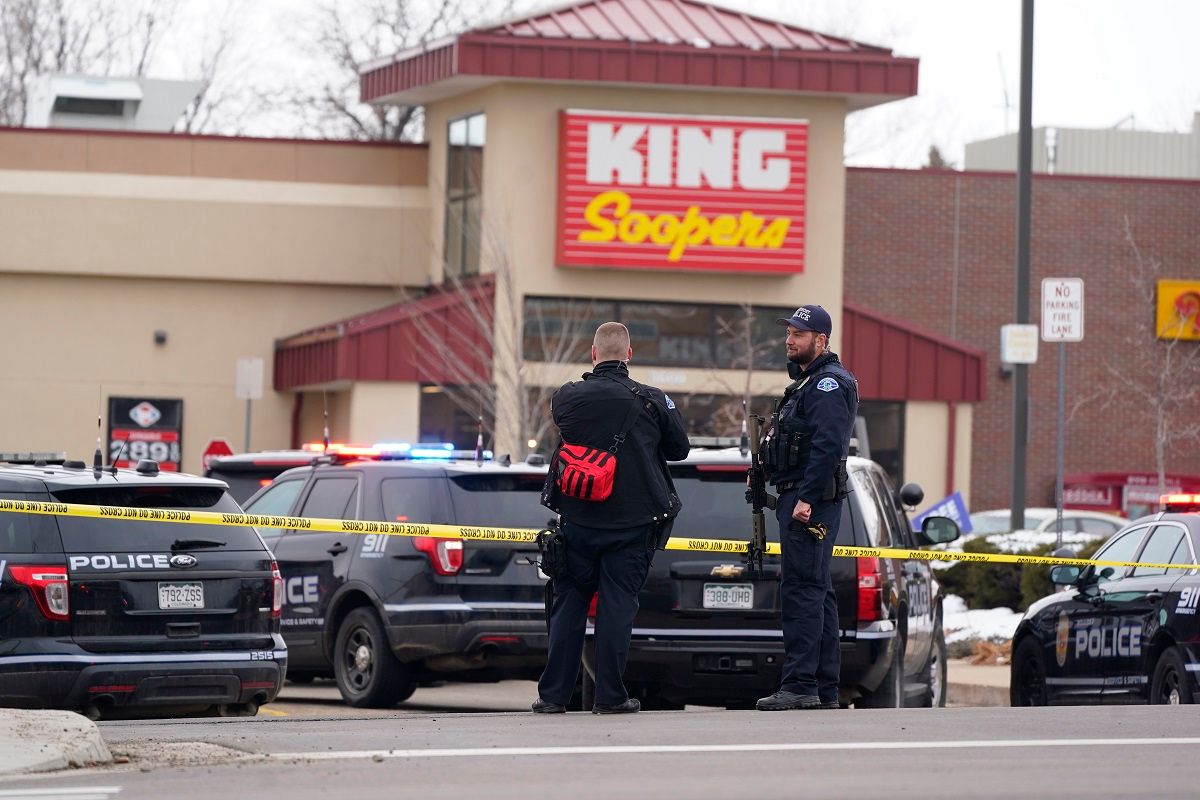 Police work on the scene outside of a King Soopers grocery store where a shooting took place Monday, March 22, 2021, in Boulder, Colo. (AP Photo/David Zalubowski) (AP Photo/David Zalubowski)