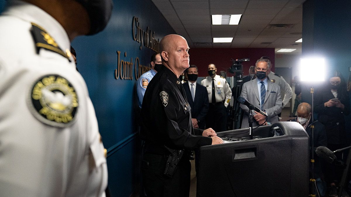 ATLANTA, GA - MARCH 17: Captain Jay Baker, of the Cherokee County Sheriff's Office, speaks at a press conference on March 17, 2021 in Atlanta, Georgia. Suspect Robert Aaron Long, 21, was arrested after a series of shootings at three Atlanta-area spas left eight people dead on Tuesday night, including six Asian women.(Photo by Megan Varner/Getty Images) (Megan Varner / Stringer)