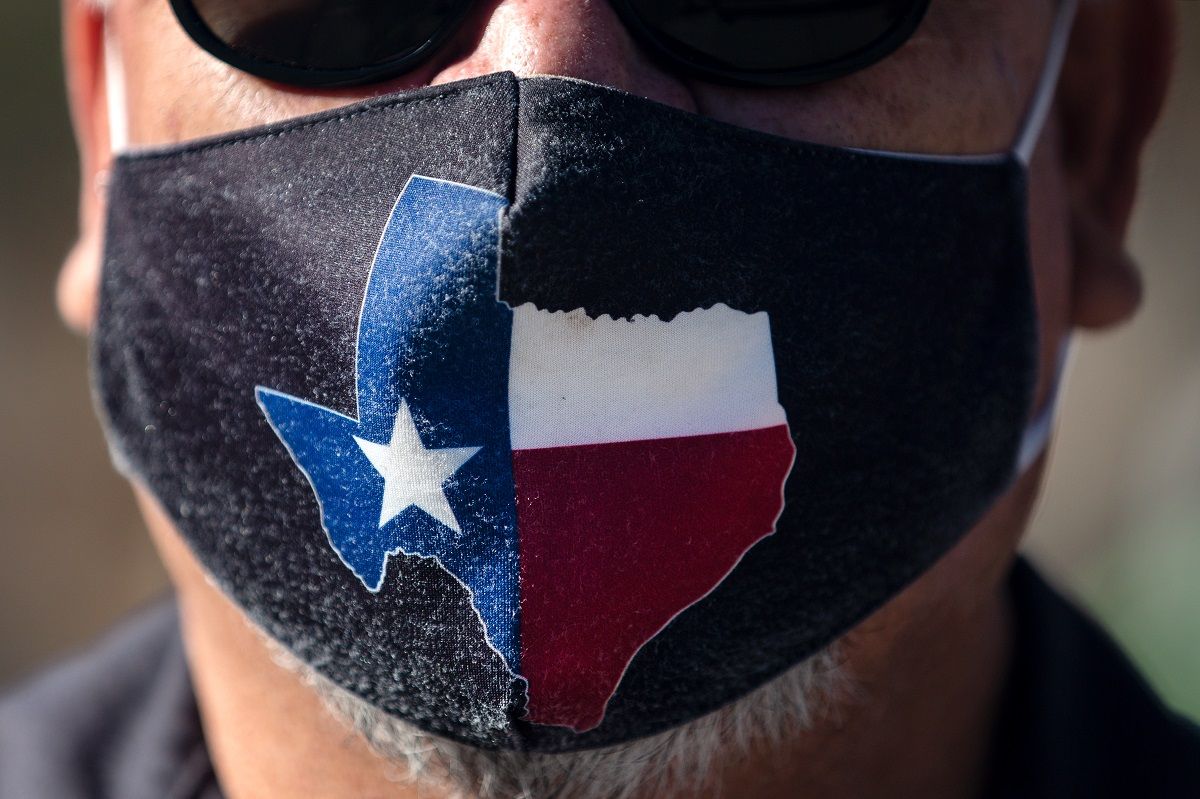 AUSTIN, TX - MARCH 03: San Jose Hotel engineering manager Rocky Ontiveros, 60, wears a Texas mask on March 3, 2021 in Austin, Texas. Gov. Greg Abbott announced a new executive order that will end the statewide mask mandate and allow businesses to reopen at 100% capacity on March 10, 2021.(Photo by Montinique Monroe/Getty Images) (Montinique Monroe/Getty Images)