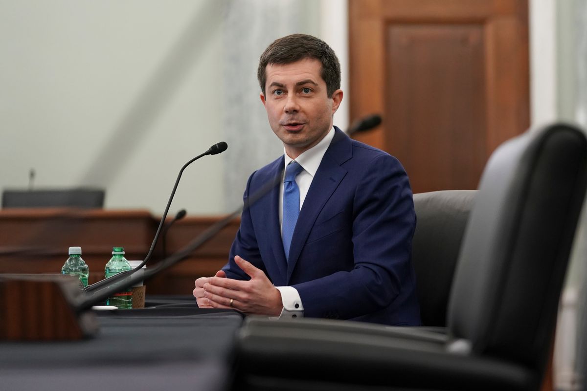 WASHINGTON, DC - JANUARY 21: Pete Buttigieg, U.S. secretary of transportation nominee for U.S. President Joe Biden, speaks during a Senate Commerce, Science and Transportation Committee confirmation hearing on January 21, 2021 in Washington, D.C. Buttigieg, is pledging to carry out the administration’s ambitious agenda to rebuild the nation’s infrastructure, calling it a “generational opportunity” to create new jobs, fight economic inequality and stem climate change. (Photo by Stefani Reynolds - Pool/Getty Images) (Stefani Reynolds - Pool/Getty Images)
