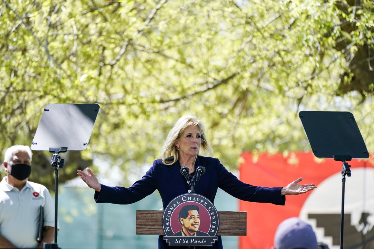 DELANO, CA - MARCH 31: First Lady Dr. Jill Biden participates in a Day of Action at The Forty Acres with the Cesar Chavez Foundation, United Farm Workers, and the UFW Foundation on Wednesday, March 31, 2021 in Delano, CA. 

 (Kent Nishimura / Los Angeles Times via Getty Images) (Kent Nishimura/Getty Images)