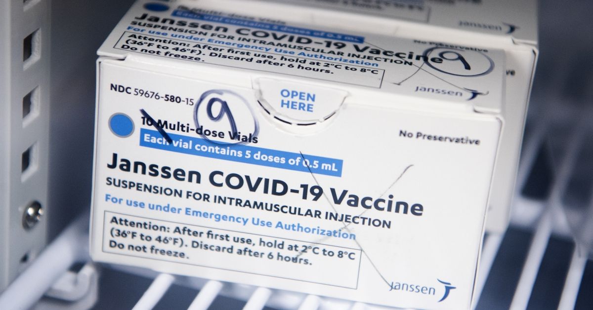 UNITED STATES - APRIL 12: A box of Johnson &amp; Johnson's Janssen COVID-19 vaccine doses are pictured at Grubb's Pharmacy on Capitol Hill on Monday, April 12, 2021. (Photo By Tom Williams/CQ-Roll Call, Inc via Getty Images) (Tom Williams/CQ-Roll Call, Inc via Getty Images)