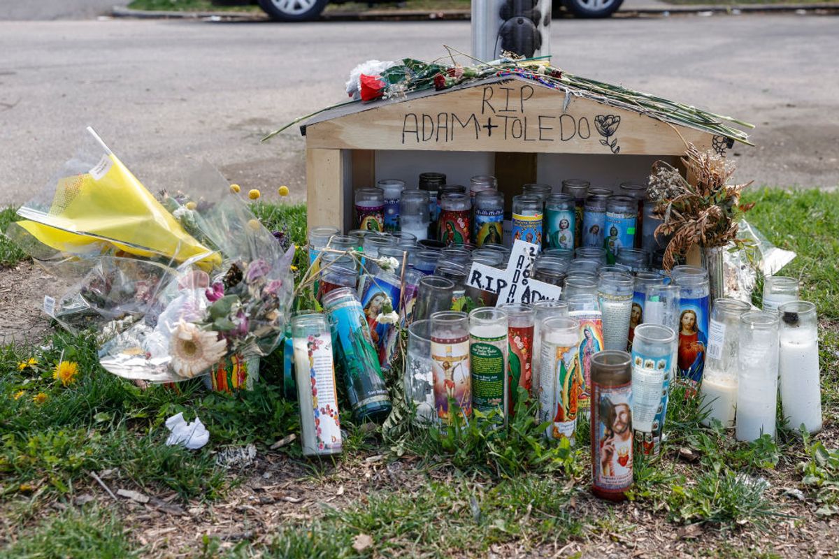 CHICAGO, IL - APRIL 15: A small memorial is seen where 13-year-old Adam Toledo was shot and killed by a Chicago Police officer in the Little Village neighborhood on April 15, 2021 in Chicago, Illinois. The rally is held in protest of the killing of 13-year-old Adam Toledo by a Chicago Police officer on March 29th. The video of the fatal shooting was released on Thursday to the general public by the Civilian Office of Police Accountability more than two weeks after the incident took place. (Photo by Kamil Krzaczynski/Getty Images) (Getty Images)