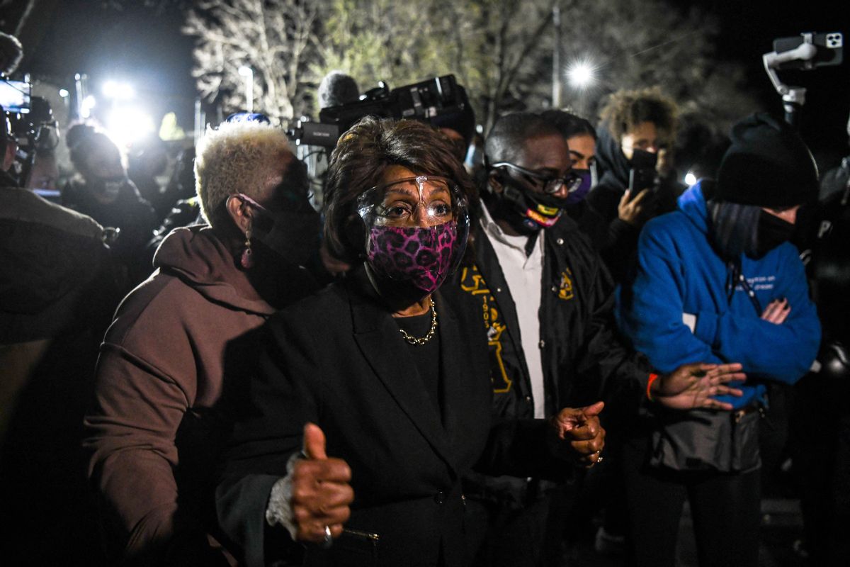 Representative Maxine Waters(C) (D-CA) speaks to the media during an ongoing protest at the Brooklyn Center Police Department in Brooklyn Centre, Minnesota on April 17, 2021. - Police officer, Kim Potter, who shot dead Black 20-year-old Daunte Wright in a Minneapolis suburb after appearing to mistake her gun for her Taser was arrested April 14 on manslaughter charges. (Photo by CHANDAN KHANNA / AFP) (Photo by CHANDAN KHANNA/AFP via Getty Images) (CHANDAN KHANNA/AFP via Getty Images)