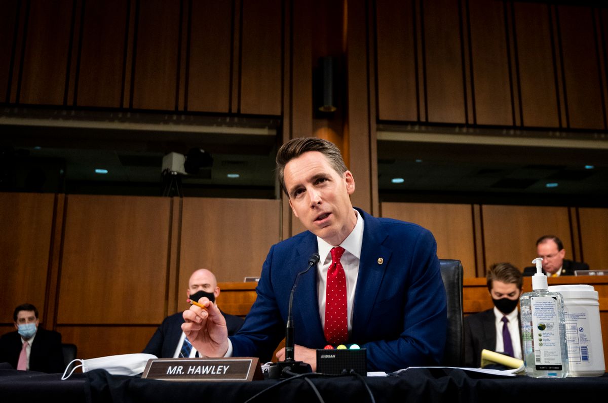 WASHINGTON, DC - APRIL 20: Sen. Josh Hawley, R-Mo., questions witnesses during the Senate Judiciary Committee hearing on Jim Crow 2021: The Latest Assault on the Right to Vote on Capitol Hill April 20, 2021 in Washington, DC. The committee is hearing testimony on voting rights in the U.S. (Photo by Bill Clark-Pool/Getty Images) (Bill Clark-Pool/Getty Images)
