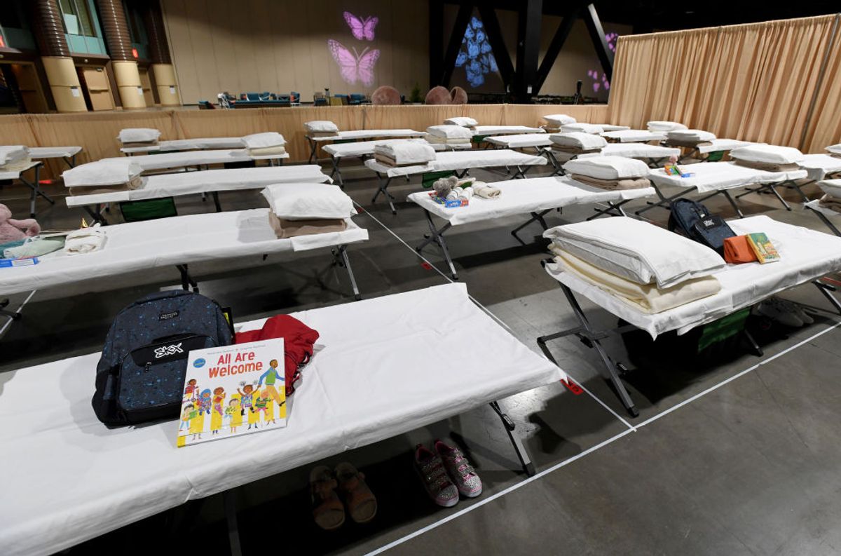 LONG BEACH, CA - APRIL 22:  Sleeping quarters set up inside Exhibit Hall B for migrant children are shown during a tour of the Long Beach Convention Center on April 22, 2021 in in Long Beach, California. Long Beach officials and officials with the U.S. Department of Health and Human Services led the tour. Migrant children found at the border without a parent were scheduled to be temporarily housed at the facility beginning today. Officials say the center can accommodate up to 1,000 children.  (Photo by Brittany Murray-Pool/Getty Images (Getty Images)