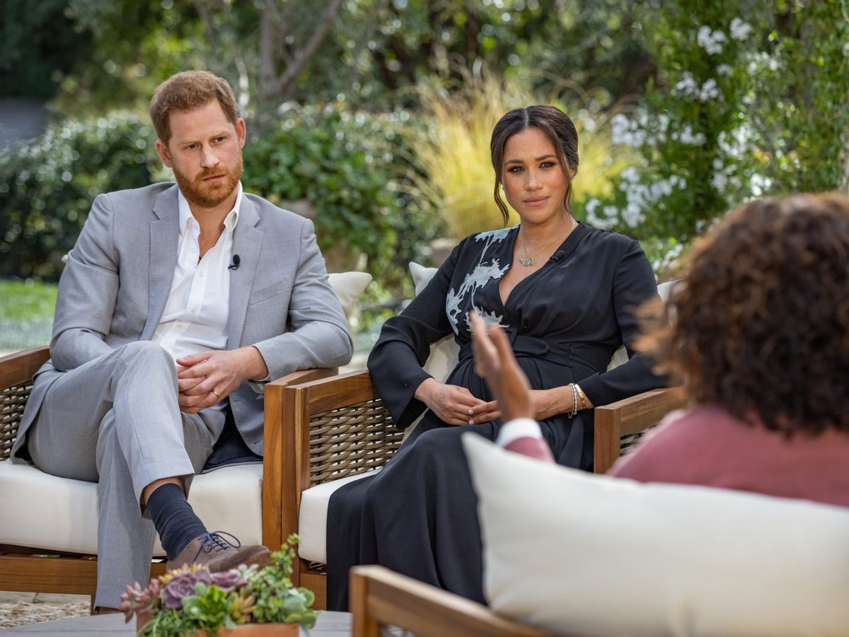 In this handout image provided by Harpo Productions and released on March 5, 2021, Oprah Winfrey interviews Prince Harry and Meghan Markle on A CBS Primetime Special premiering on CBS on March 7, 2021. (Photo by Harpo Productions/Joe Pugliese via Getty Images) (Harpo Productions/Joe Pugliese via Getty Images)