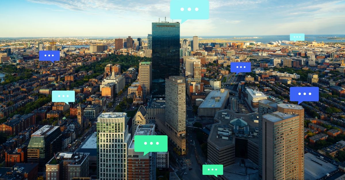 Blank space for text on Boston city and bubble chat for communication. Technology and communication concept. Internet of thing (Getty Images)