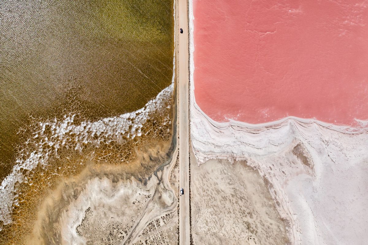 Aerial view over pink salt lake in South Australia. Lake MacDonnell, Point Sinclair - South Australia (Robbie Goodall)