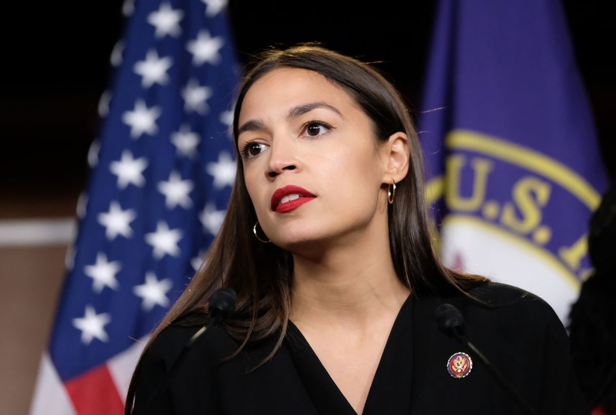 WASHINGTON, DC - JULY 15: U.S. Rep. Alexandria Ocasio-Cortez (D-NY) pauses while speaking during a press conference at the U.S. Capitol on July 15, 2019 in Washington, DC. President Donald Trump stepped up his attacks on four progressive Democratic congresswomen, saying if they're not happy in the United States "they can leave." (Photo by Alex Wroblewski/Getty Images) (Getty Images)