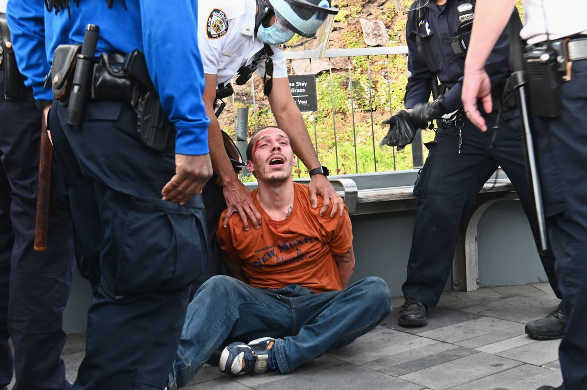 TOPSHOT - NYPD police officers arrest a protestor during a "Black Lives Matter" demonstration over the death of George Floyd by a Minneapolis police officer, on June 1, 2020 in New York. - New York's mayor Bill de Blasio today declared a city curfew from 11:00 pm to 5:00 am, as sometimes violent anti-racism protests roil communities nationwide.
Saying that "we support peaceful protest," De Blasio tweeted he had made the decision in consultation with the state's governor Andrew Cuomo, following the lead of many large US cities that instituted curfews in a bid to clamp down on violence and looting. (Photo by Angela Weiss / AFP) (Photo by ANGELA WEISS/AFP via Getty Images) (Getty Images)