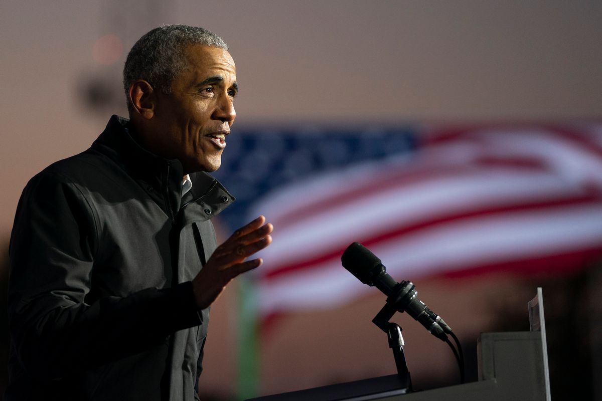 DETROIT, MI - OCTOBER 31: Former President Barack Obama speaks during a drive-in campaign rally with Democratic presidential nominee Joe Biden at Belle Isle on October 31, 2020 in Detroit, Michigan. Biden is campaigning with former President Obama on Saturday in Michigan, a battleground state that President Donald Trump narrowly won in 2016. (Photo by Drew Angerer/Getty Images) (Getty Images)