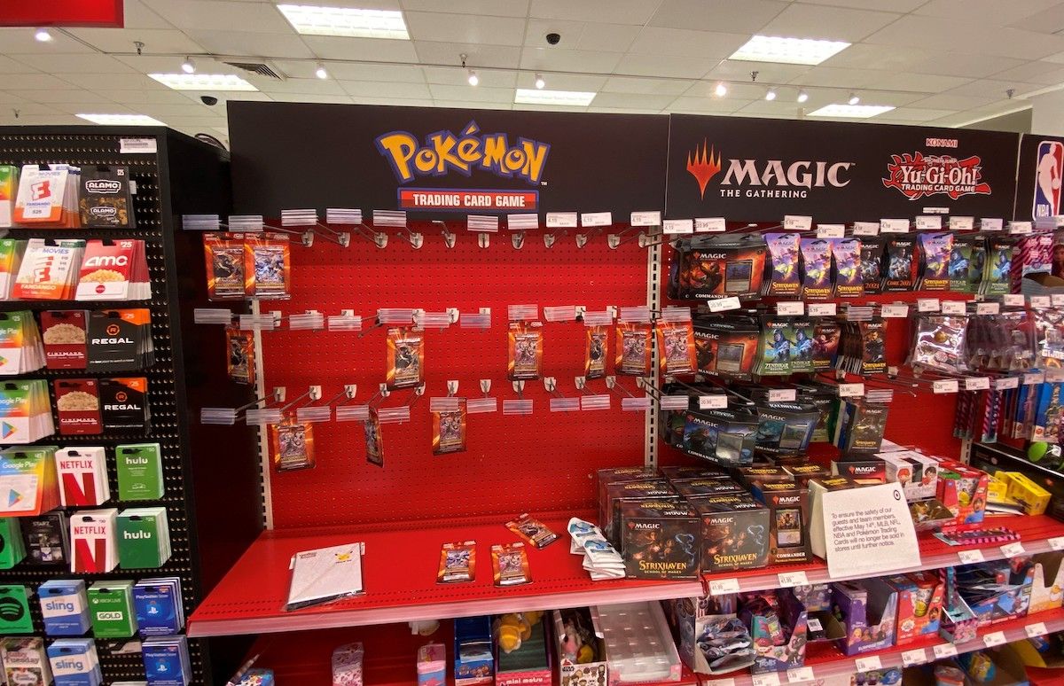 A sign warning customers that Pokemon trading cards will no longer be sold until further notice is displayed at a local Target store in Los Angeles, California on May 14, 2021. - US retail giant Target announced Friday it was suspending sales of Pokemon and other trading cards amid concerns that a buying frenzy is threatening the safety of shoppers and staff. (Photo by Chris DELMAS / AFP) (Photo by CHRIS DELMAS/AFP via Getty Images) (Chris Delmas/Contributor)