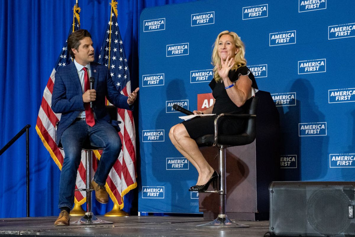 DALTON, GA - MAY 27: U.S. Reps. Marjorie Taylor Greene (R-GA) and Matt Gaetz (R-FL) speak at an America First Rally on May 27, 2021 in Dalton, Georgia. The two Republicans, among the most outspoken supporters of former President Donald Trump, are co-hosting a cross-country series of rallies.  ​(Photo by Megan Varner/Getty Images) (Megan Varner / Getty Images)