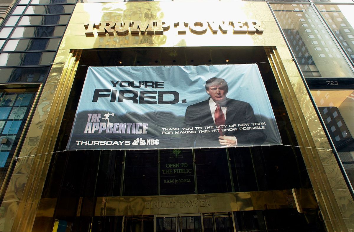 A banner promoting the hit television show "The Apprentice" hangs from the entrance of Trump Tower on March 19, 2004. The expression "You're Fired" is Trump's signature line in the show and Trump has expressed plans to trademark the expression for marketing purposes. (�� Richard B. Levine) (Photo by Richard Levine/Corbis via Getty Images) (Richard Levine/Corbis via Getty Images)
