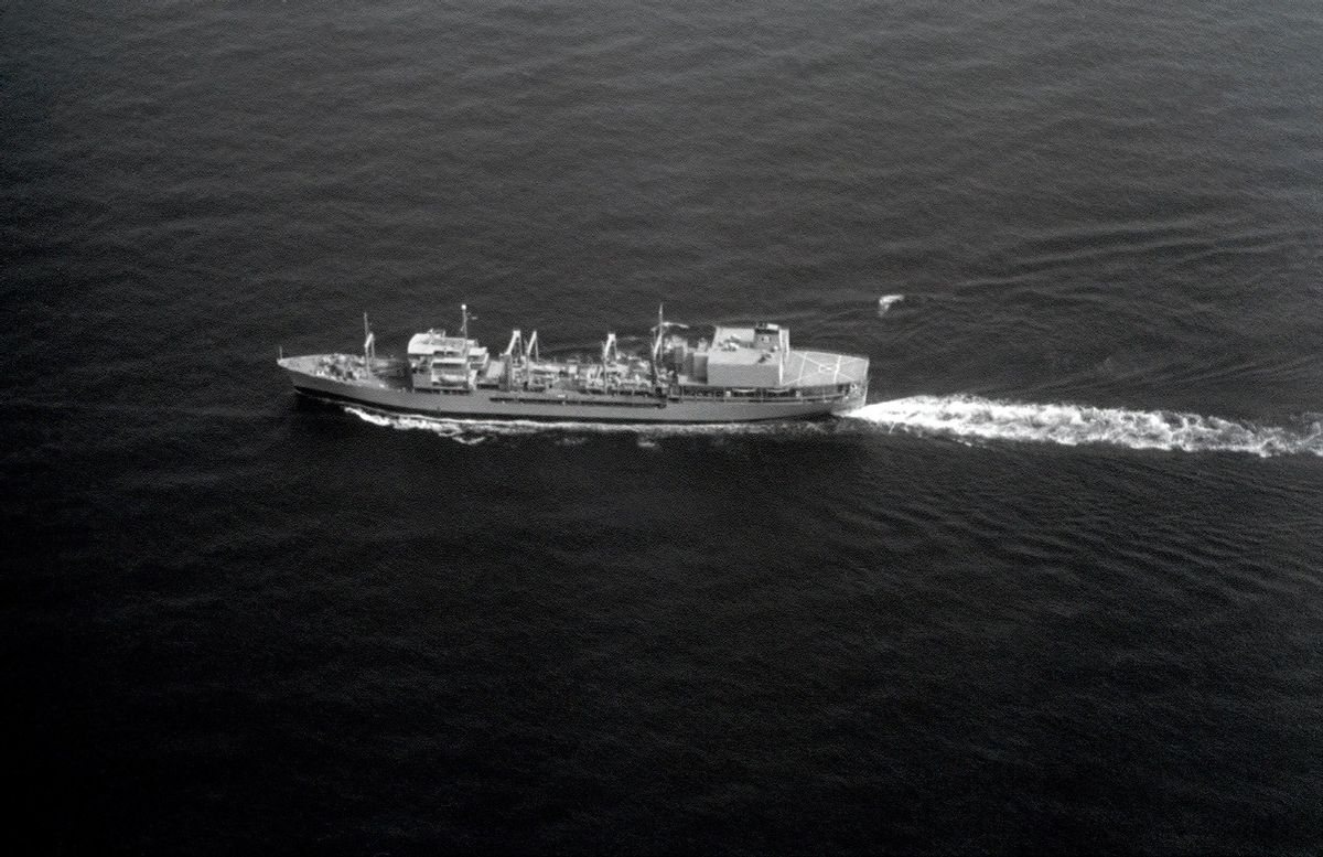 An aerial port view of the Iranian replenishment oiler KHARG underway. (Unknown author/Wikimedia Commons)