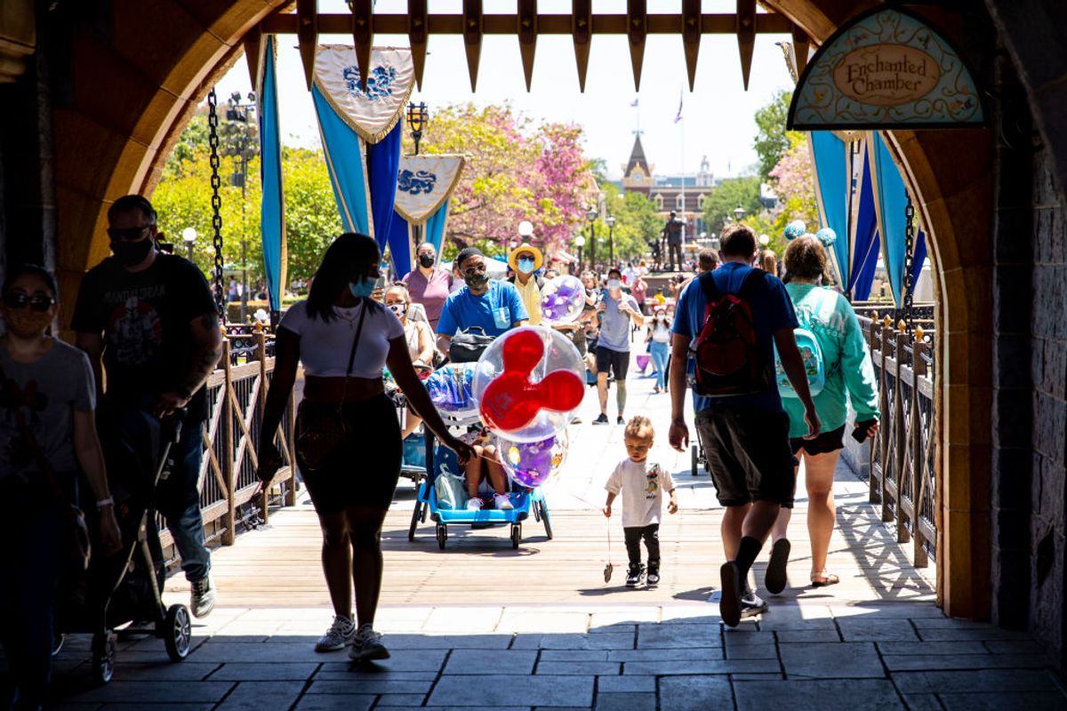 ANAHEIM, CA - May 03: Visitors pass through Sleepy Beauty Castle at Disneyland Resort in Anaheim, CA, as visitors return to the park with covid-safety restrictions in place, including the park only being at 25% capacity, Monday, May 3, 2021. (Jay L. Clendenin / Los Angeles Times via Getty Images) (Jay L. Clendenin / Los Angeles Times via Getty Images)