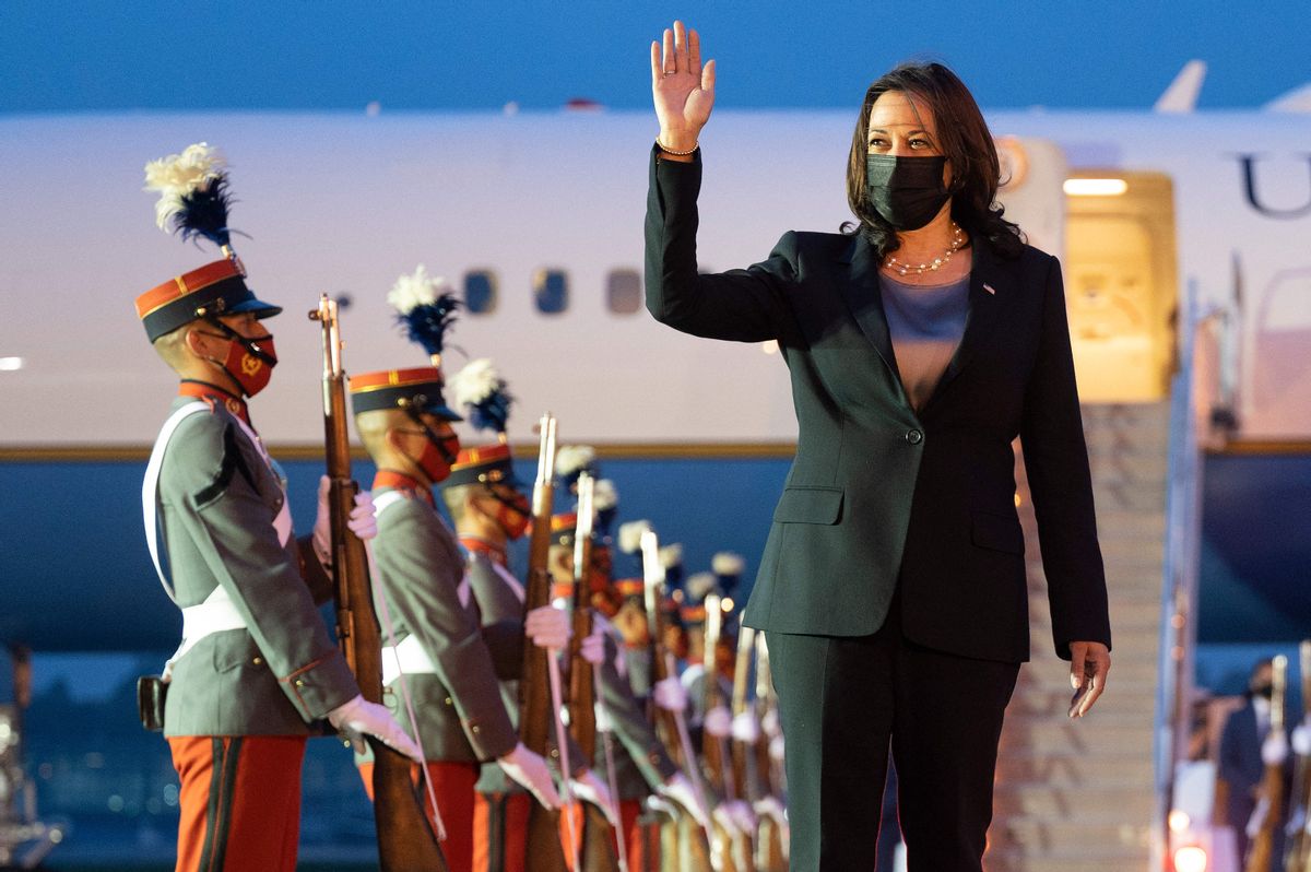 TOPSHOT - US Vice President Kamala Harris waves upon arrival at the Aeropuerto Internacional La Aurora in Guatemala City on June 6, 2021. - US Vice President Kamala Harris will visit Guatemala and Mexico this week, bringing a message of hope to a region hammered by Covid-19 and which is the source of most of the undocumented migrants seeking entry to the US. (Photo by JIM WATSON / AFP) (Photo by JIM WATSON/AFP via Getty Images) (Getty Images)