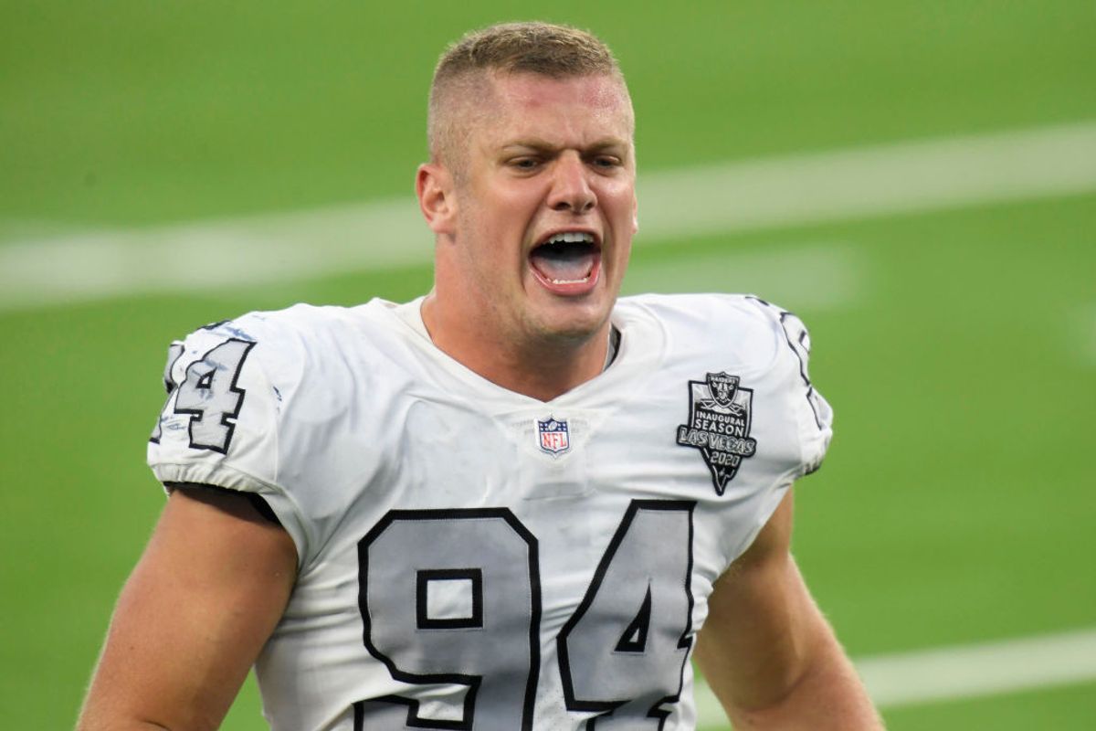 INGLEWOOD, CALIFORNIA - NOVEMBER 08: Carl Nassib #94 of the Las Vegas Raiders celebrates a 31-26 win over the Los Angeles Chargers at SoFi Stadium on November 08, 2020 in Inglewood, California. (Photo by Harry How/Getty Images) (Harry How/Getty Images)