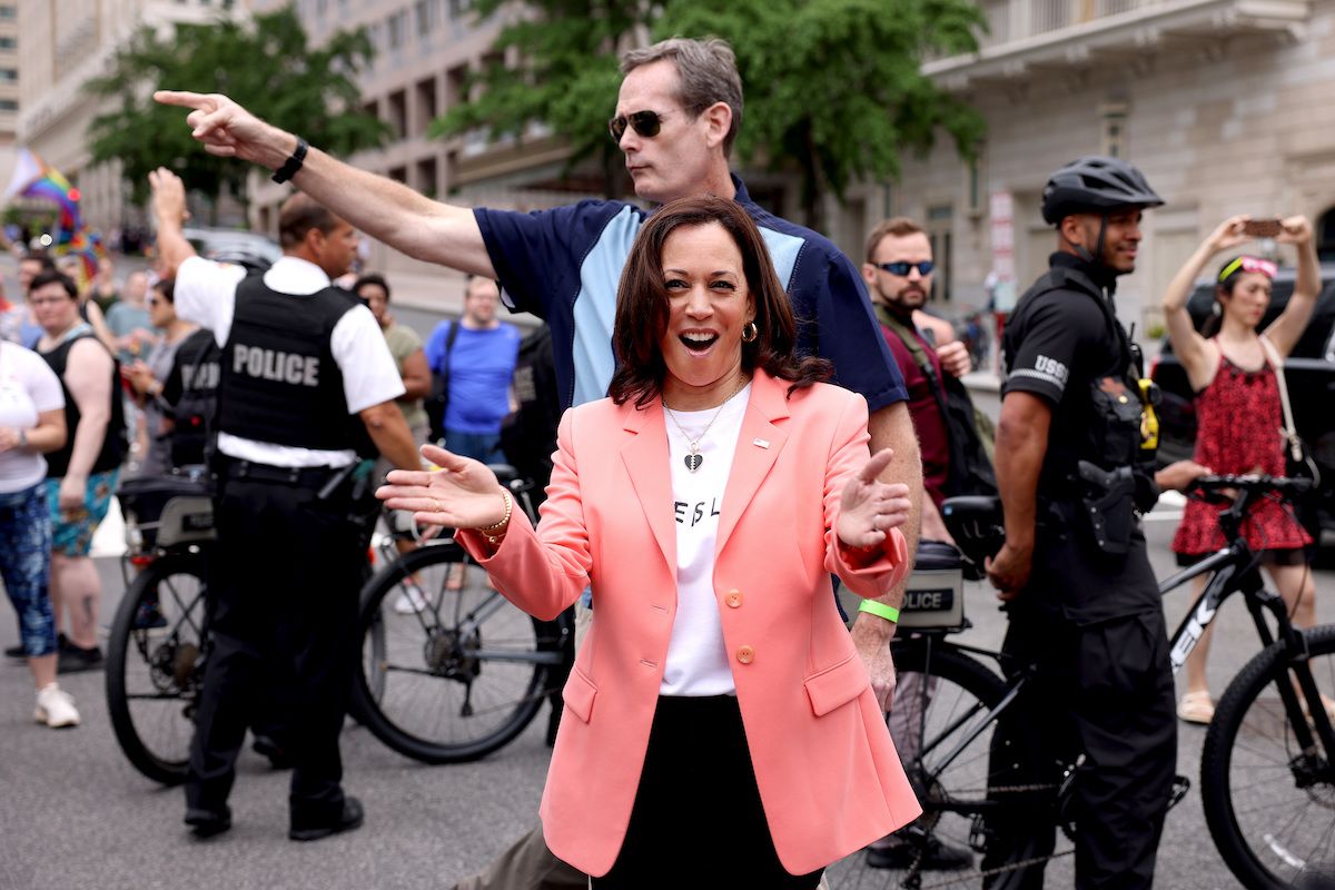 WASHINGTON, DC - JUNE 12: U.S. Vice President Kamala Harris joins marchers for the Capital Pride Parade on June 12, 2021 in Washington, DC. Capital Pride returned to Washington DC, after being canceled last year due to the Covid-19 pandemic. (Photo by Anna Moneymaker/Getty Images) (Anna Moneymaker / Staff)