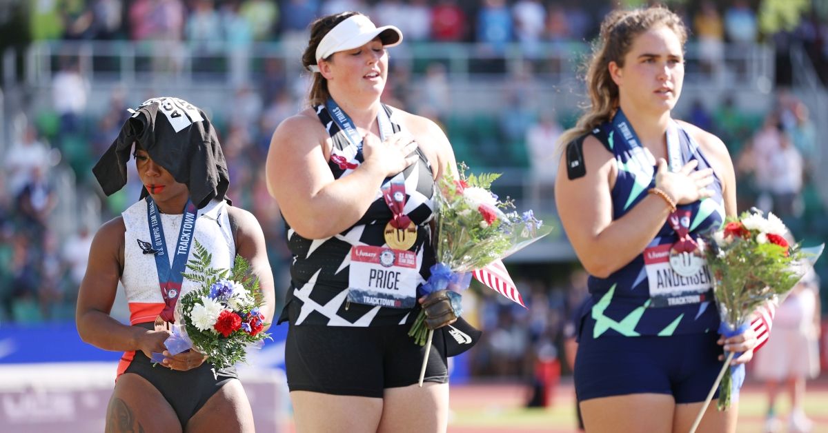 EUGENE, OREGON - JUNE 26: Gwendolyn Berry (L), third place, looks on during the playing of the national anthem with DeAnna Price (C), first place, and Brooke Andersen, second place, on the podium after the Women's Hammer Throw final on day nine of the 2020 U.S. Olympic Track &amp; Field Team Trials at Hayward Field on June 26, 2021 in Eugene, Oregon. (Photo by Patrick Smith/Getty Images) (Patrick Smith/Getty Images)