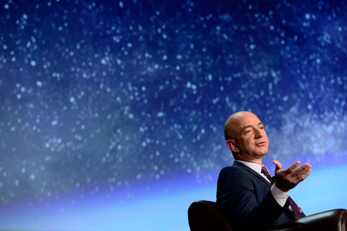COLORADO SPRINGS, CO - APRIL 12: Founder of space company Blue Origin, Jeff Bezos, speaks about the future of commercial space travel during the 32nd Space Symposium on April 12, 2016 in Colorado Springs, Colorado. Bezos, founder and CEO of Amazon, spoke to the crowd about the business and future of commercial space travel and how his new company, Blue Origin, is looking to make that more accessible to the general public. (Photo by Brent Lewis/The Denver Post via Getty Images) (Brent Lewis / Contributor)