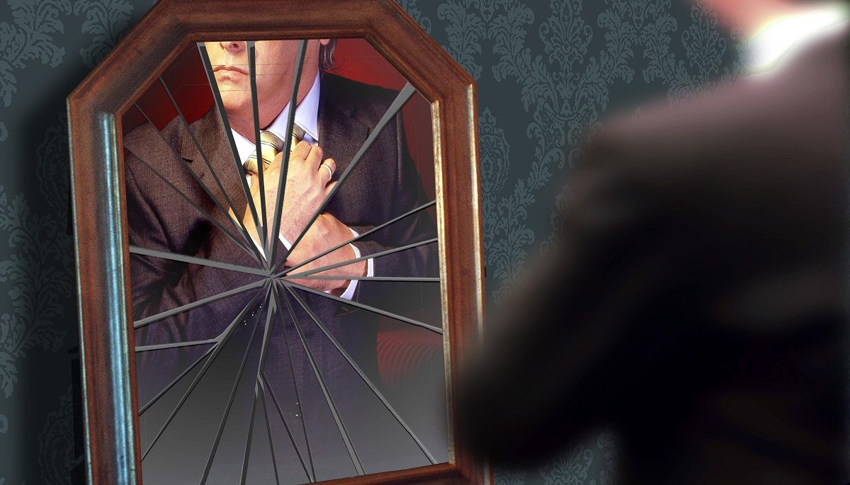 (AUSTRALIA OUT) A man adjusts his tie in a broken mirror, 6 January 2003. AFR Photo Illustration by KARL HILZINGEER (Photo by Fairfax Media via Getty Images via Getty Images) (Fairfax Media via Getty Images)