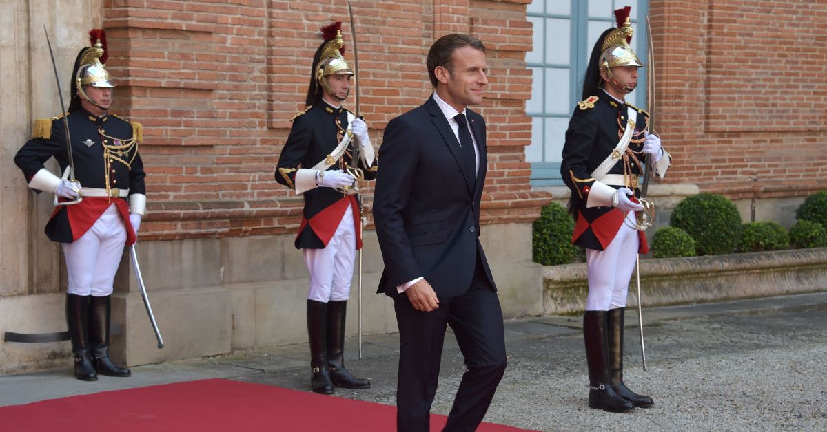 French President Emmanuel Macron (2ndR) walks past French Republican Guard members on his way to meet German chancellor before a meeting, one day before a key EU summit that may approve a divorce deal with Britain, in Toulouse, southwestern France, on October 16, 2019. (Photo by Pascal PAVANI / AFP) (Photo by PASCAL PAVANI/AFP via Getty Images) (Pascal Pavani/AFP via Getty Images)