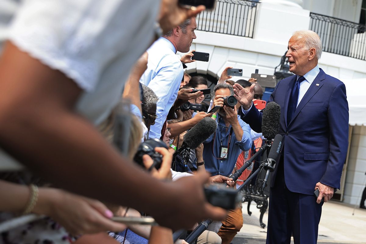 WASHINGTON, DC - JULY 16: U.S. President Joe Biden stops to take a question from NBC correspondent Peter Alexander while departing the White House on July 16, 2021 in Washington, DC. Biden is spending the weekend at Camp David. (Photo by Chip Somodevilla/Getty Images) (Chip Somodevilla/Getty Images)