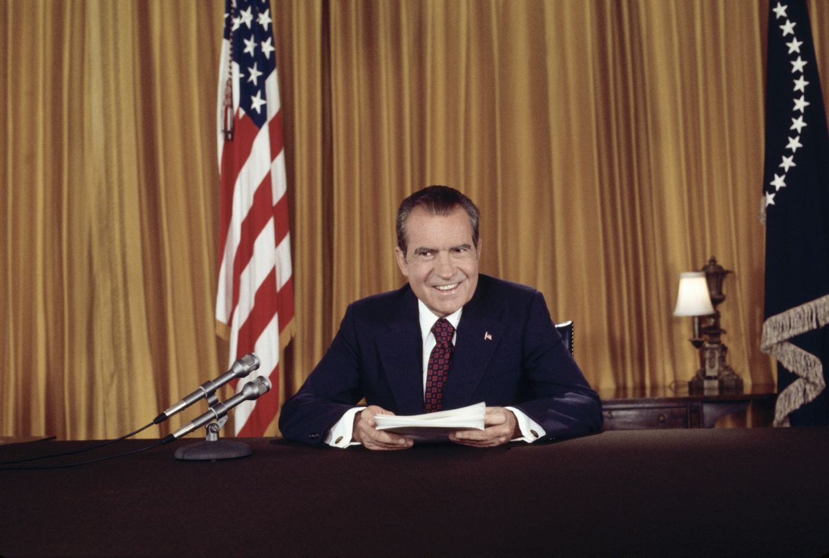 (Original Caption) President Nixon, in a nationally televised address 8/15, asks for support against "those who would exploit Watergate in order to keep us from doing what we were elected to do." He also proclaimed his innocence of any complicity in the affair. Nixon posed for still photographers after the address, as no pictures were permitted during the telecast. (Getty Images)