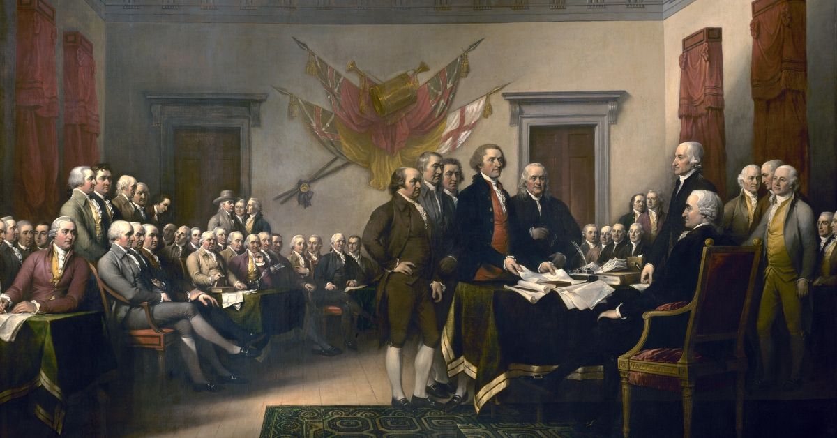 The signing of the Declaration of Independence in Philadelphia on July 4th, 1776 (by John Trumbull, American, 1756 - 1843), 1819. The painting shows the five-man drafting committee presenting the Declaration of Independence to the United States Congress, and is located in the Capitol rotunda. Oil on canvas. (Photo by GraphicaArtis/Getty Images) (GraphicaArtis/Getty Images)