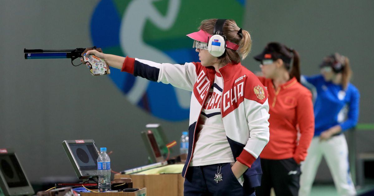 RIO DE JANEIRO, BRAZIL - AUGUST 07:  Vitalina Batsarashkina of Russia competes dduring the the Women's 10m Air Pistol event during the shooting competition on Day 2 of the Rio 2016 Olympic Games at the Olympic Shooting Centre on August 7, 2016 in Rio de Janeiro, Brazil.  (Photo by Sam Greenwood/Getty Images) (Sam Greenwood/Getty Images)